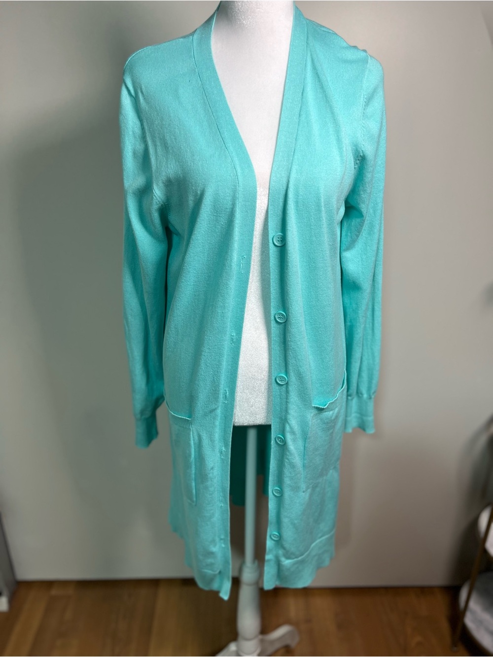 Cielo Aqua Long Button-Front Women's Cardigan